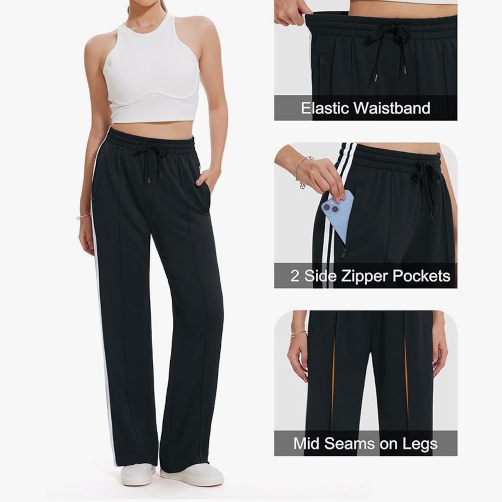 Wide-Leg Black Track Pants with White Side Stripes - Picture 5 of 7